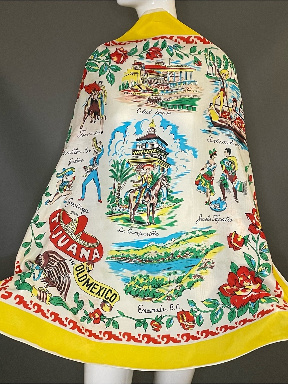 Vintage 60s Tijuana Souvenir Scarf Large 35 In Fair Condition